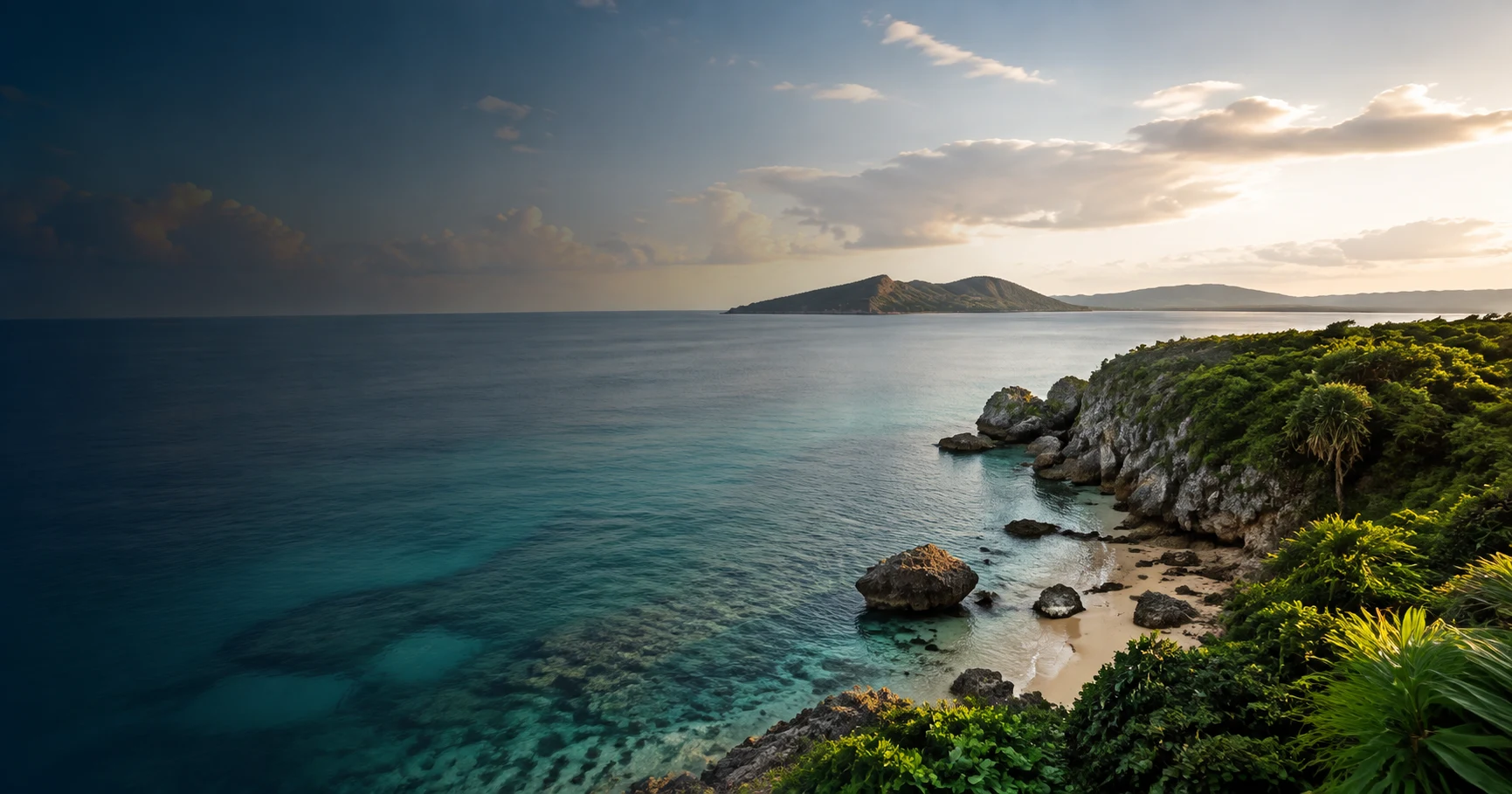 Okinawan coast in warm golden-hour light