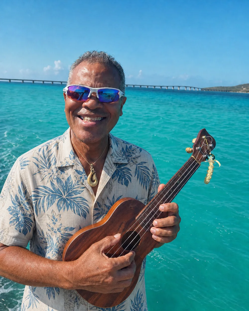 David, YOF Personal Local Host for Miyako Island, with his ukulele by the sea