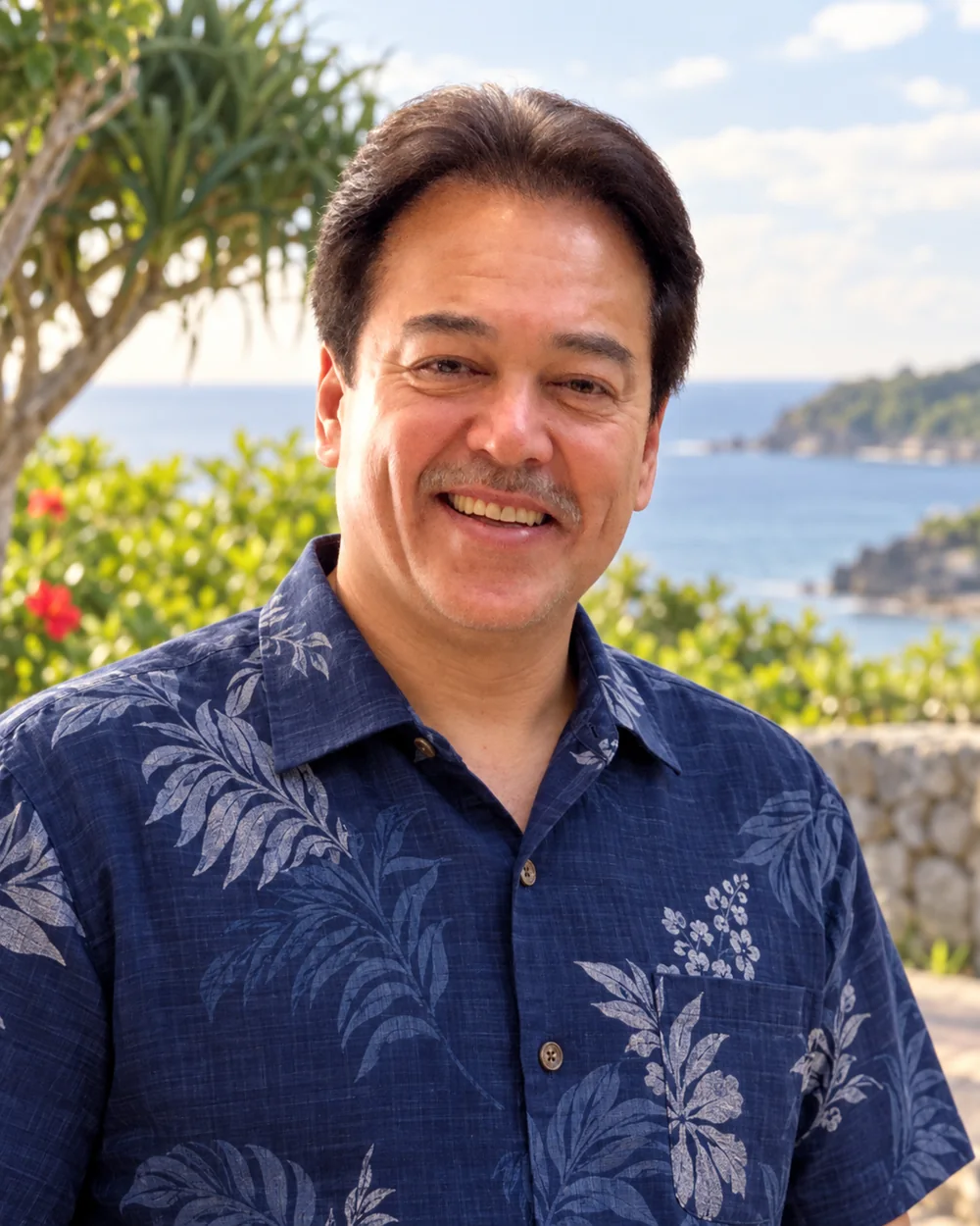 Kazuo, YOF Personal Local Host, wearing a navy kariyushi shirt by the Okinawa coast