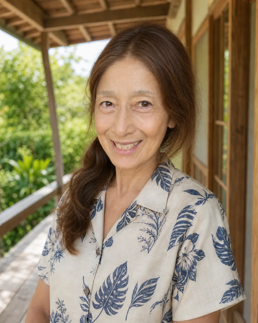 Yoko, YOF Personal Local Host, on a quiet Okinawa veranda