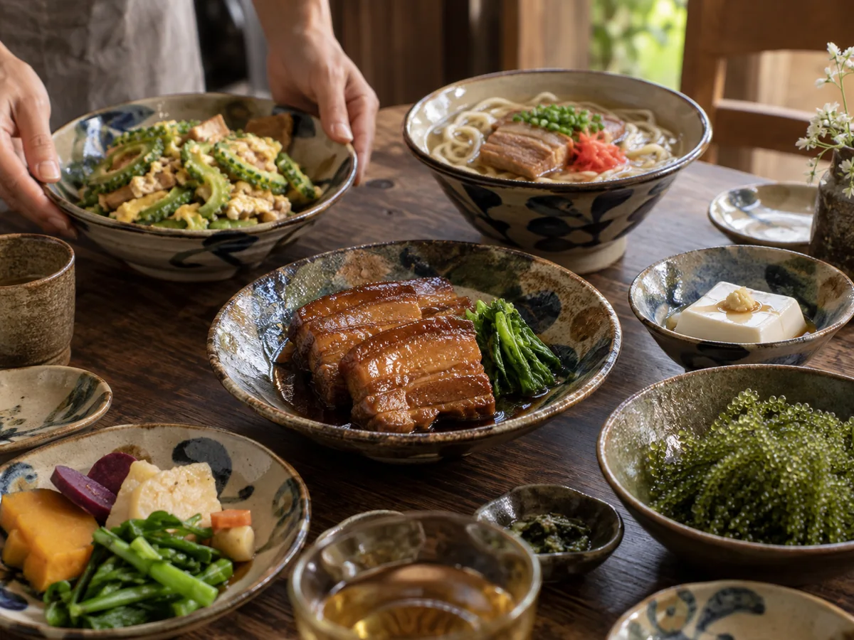 Okinawan dishes served together on Ryukyu-yaki pottery