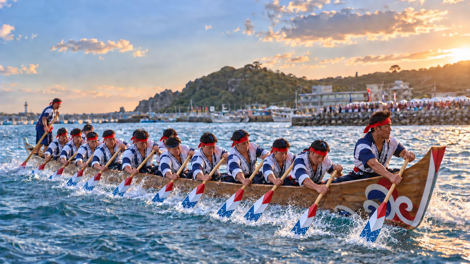 Okinawan Hari dragon-boat teams racing together across a harbor