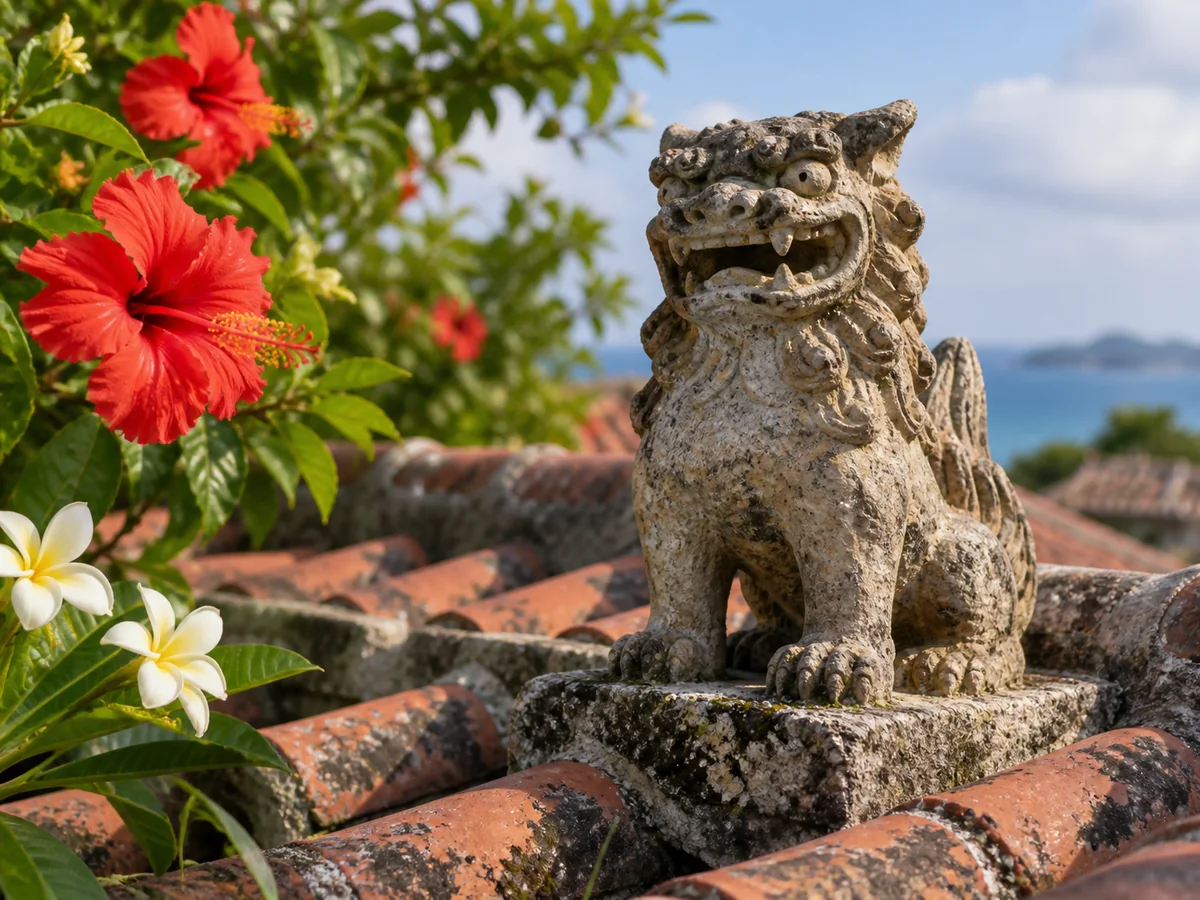 A weathered shisa guardian on an Okinawan red-tile roof among hibiscus and plumeria