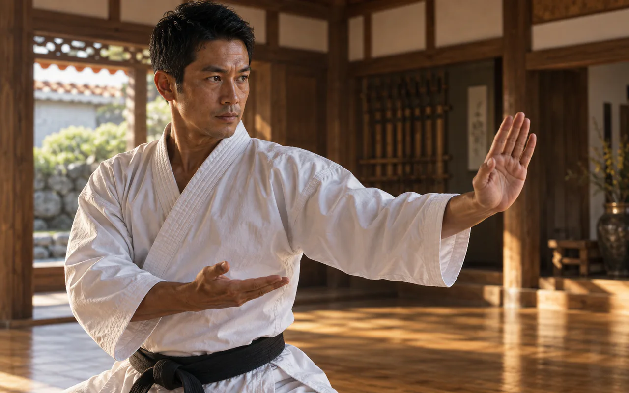 An Okinawan karate practitioner performing kata in a traditional dojo