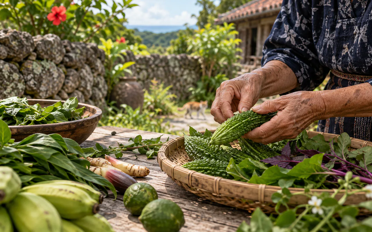 An older Okinawan resident preparing island vegetables in a northern village garden
