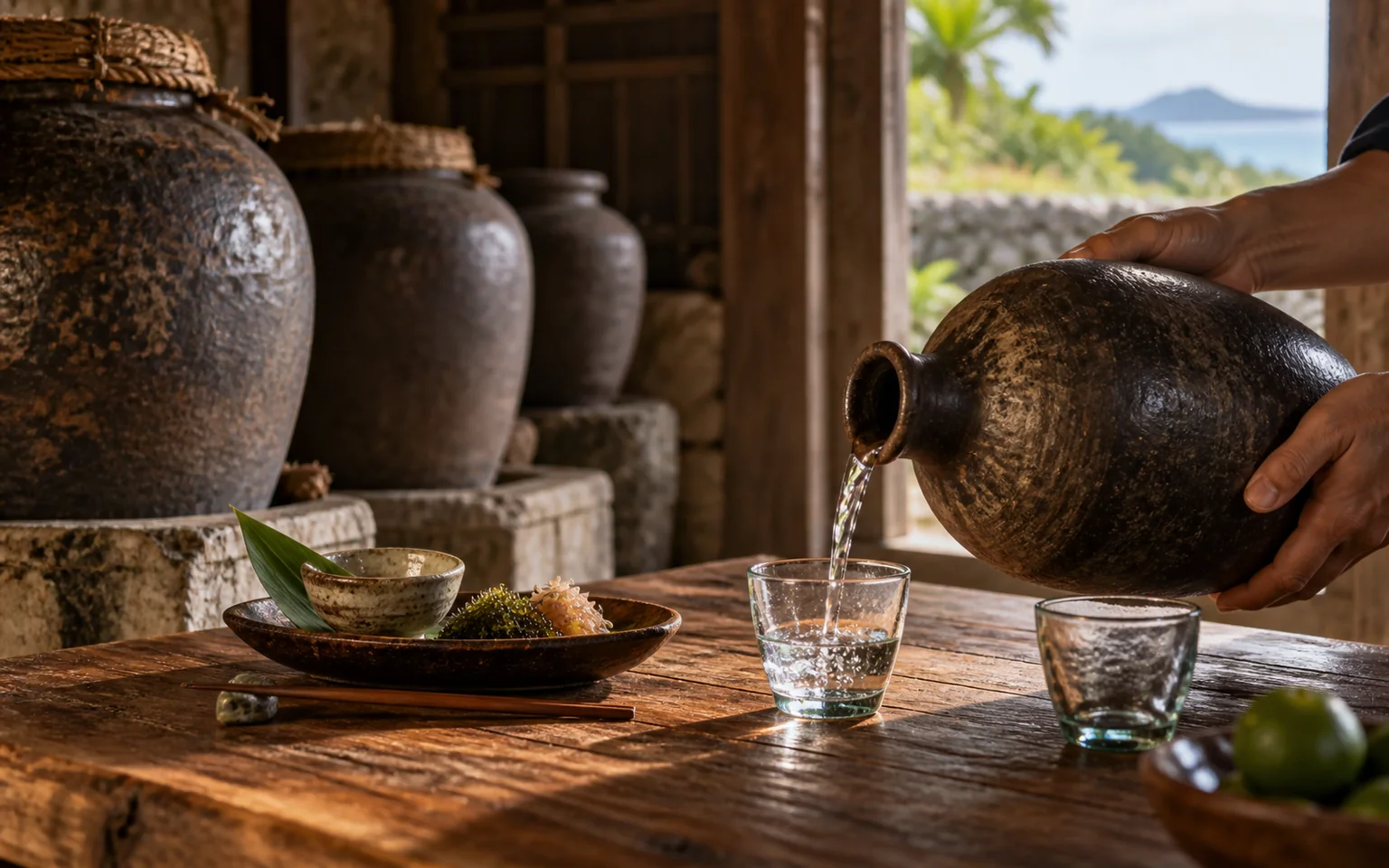Awamori poured from a traditional clay jar