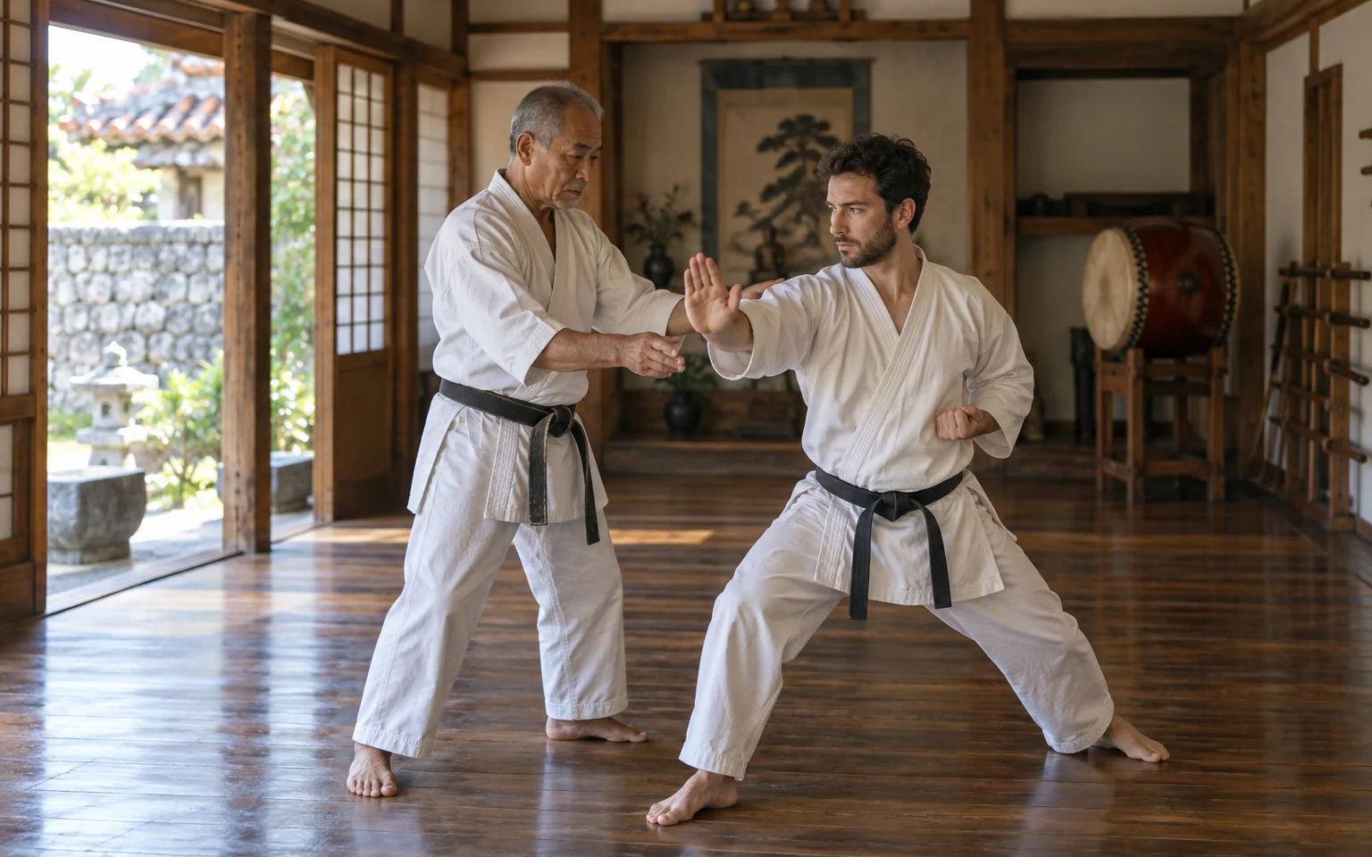 An Okinawan karate master guiding a guest in a traditional dojo