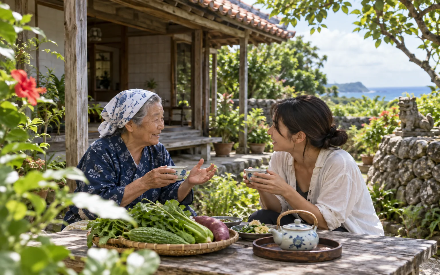 An older Okinawan resident sharing tea and garden produce with a guest