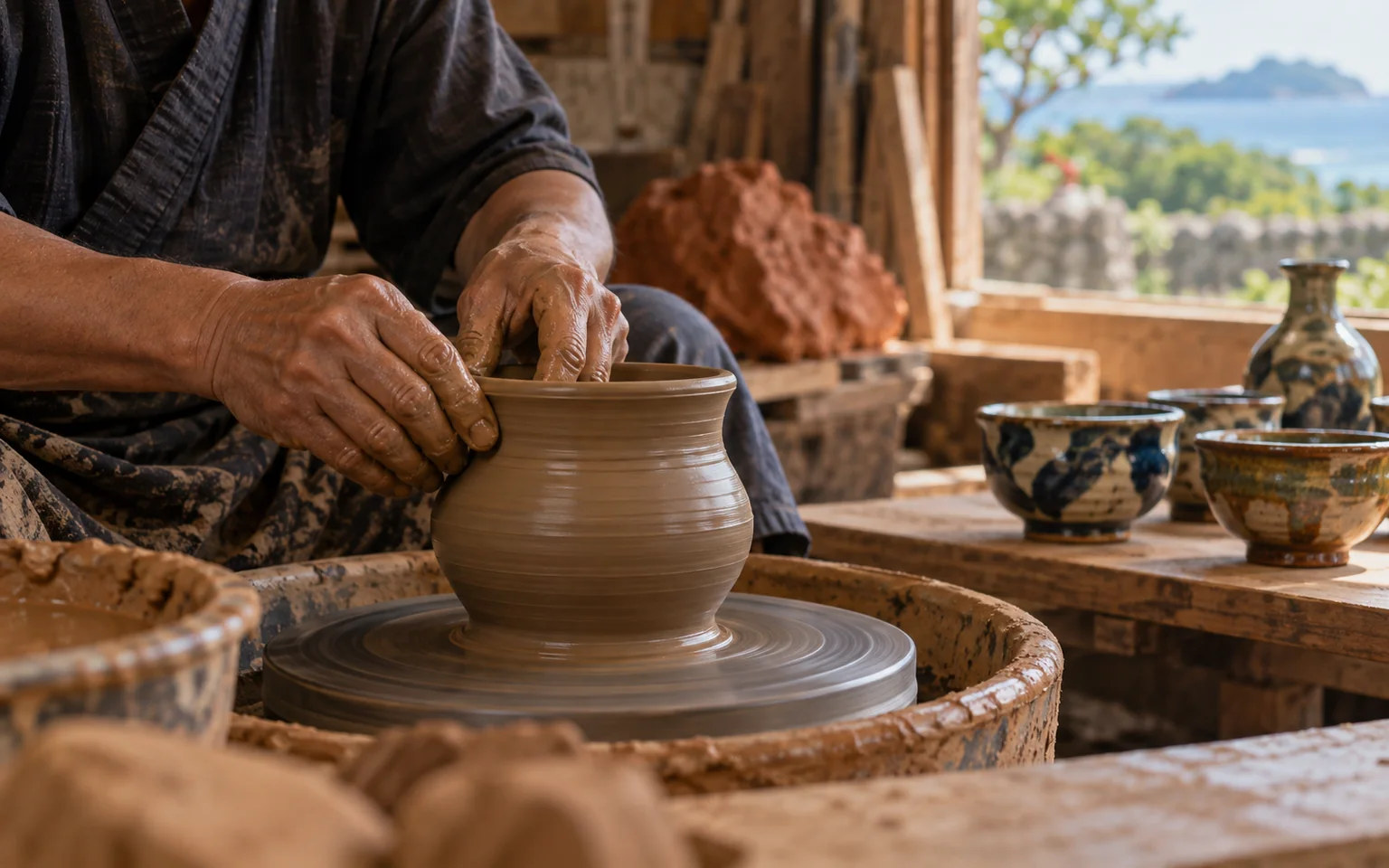 An Okinawan artisan shaping yachimun pottery by hand
