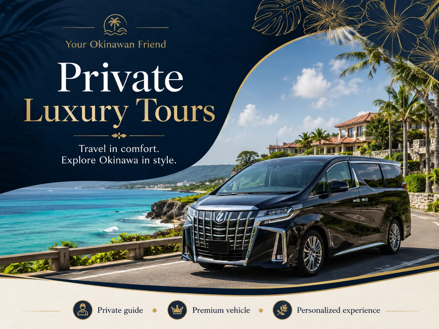 Artistic brochure showing a premium private vehicle beside Okinawa’s coastline