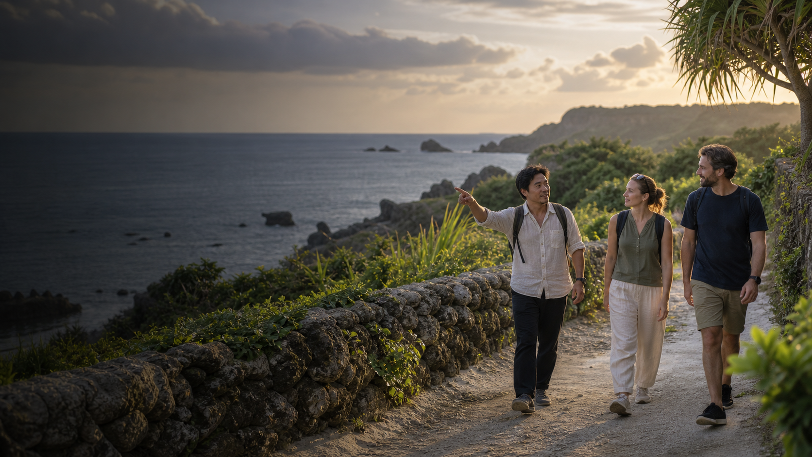 A YOF host walking with international guests on an Okinawa coastal path