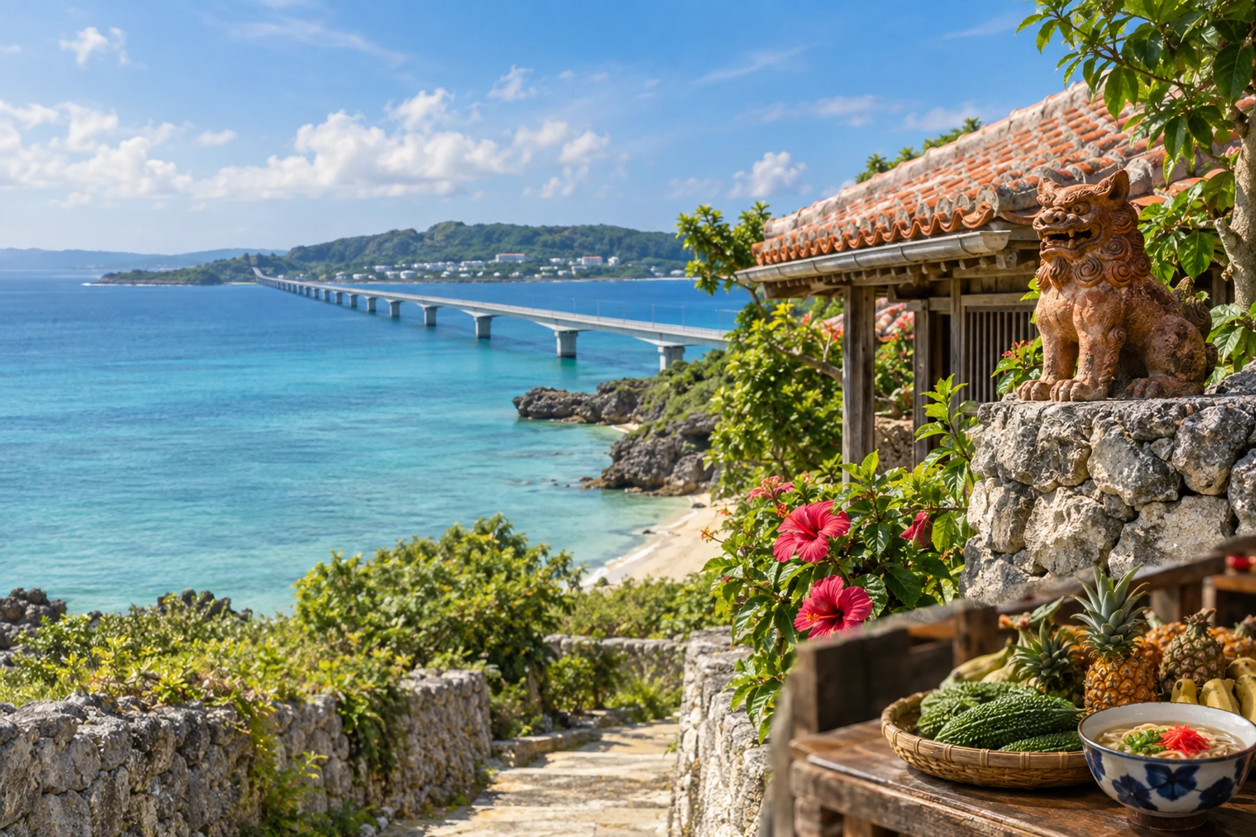 Okinawan coast, island bridge and red-tile architecture