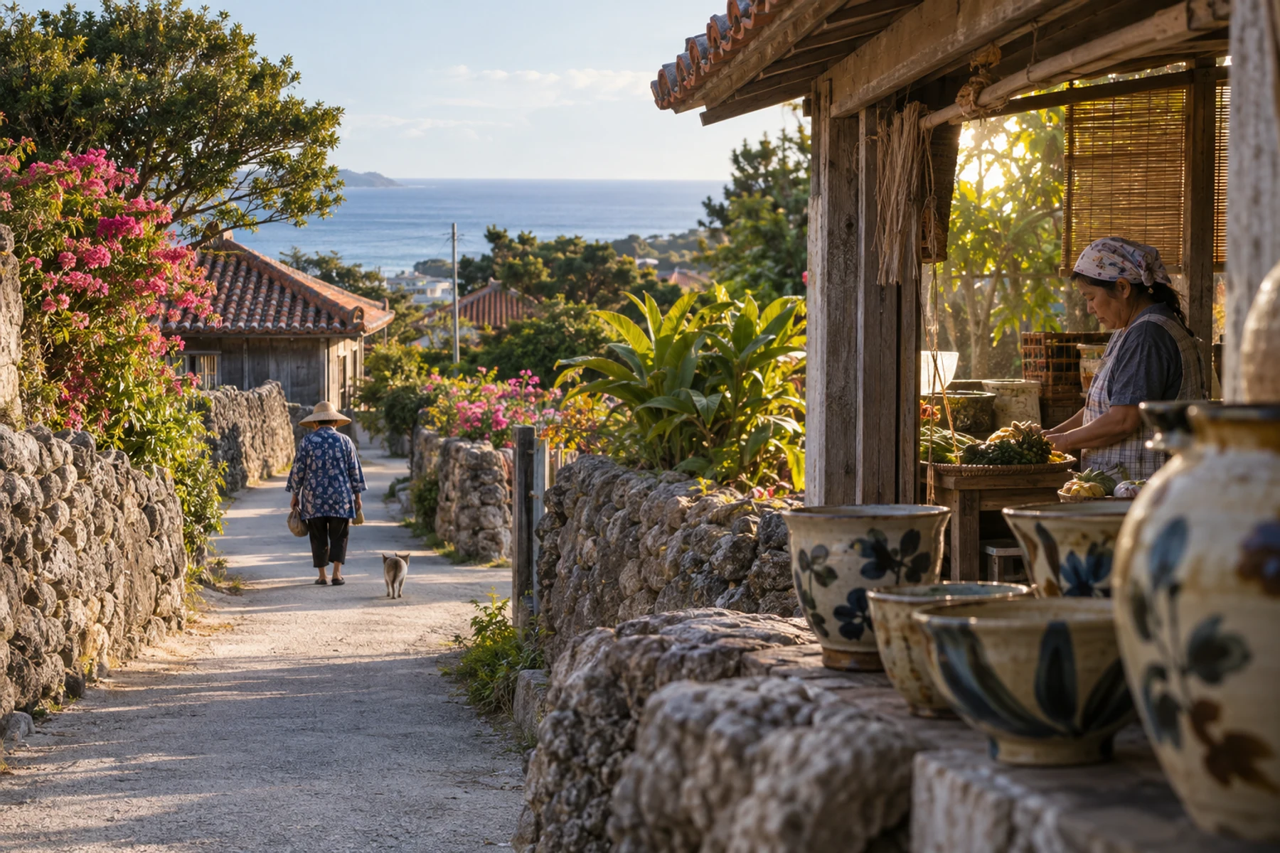 Okinawan village lane, pottery and quiet local life