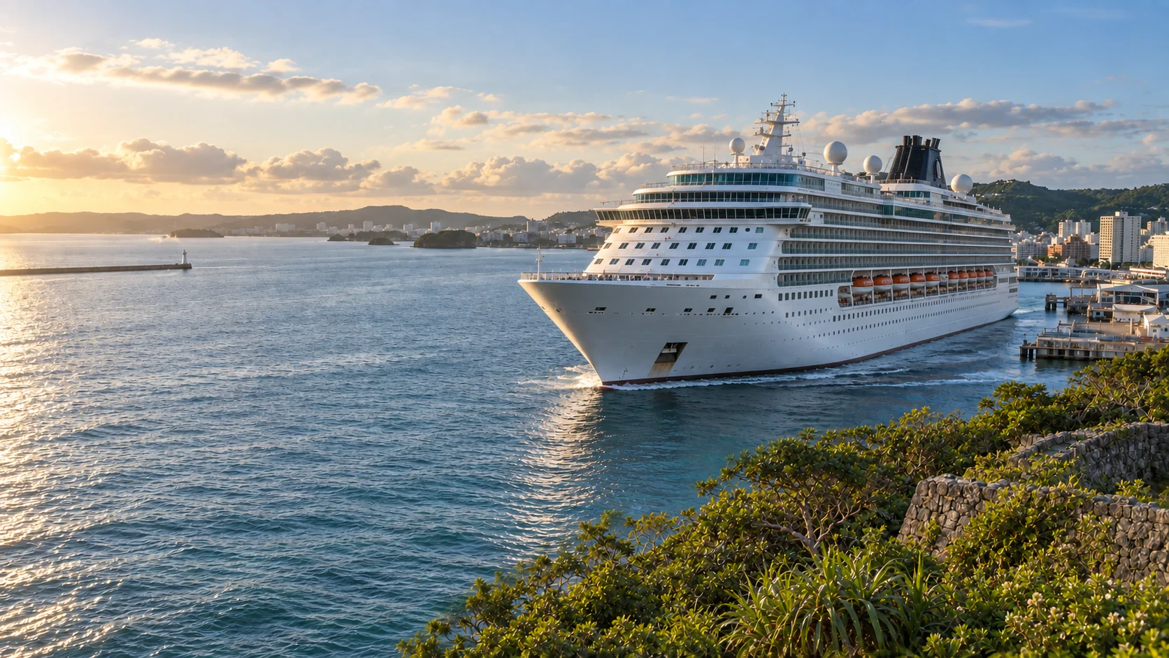 Cruise ship arriving in an Okinawan coastal harbor