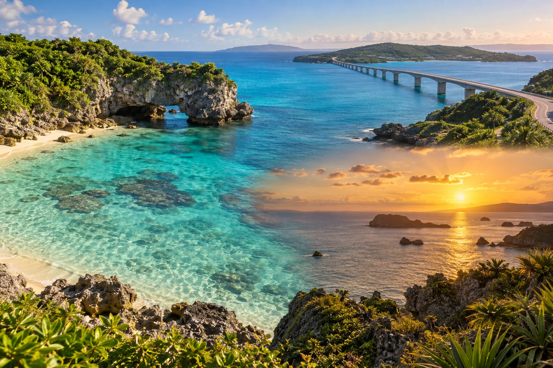 A collage of Okinawa’s turquoise coast, scenic bridge and golden-hour sea
