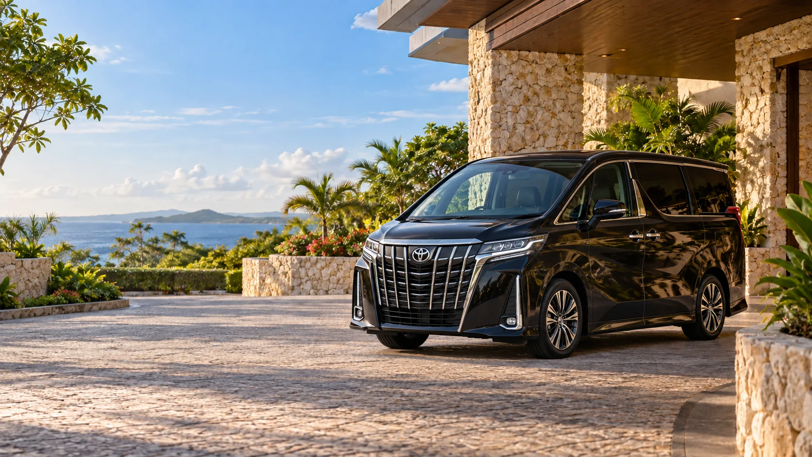 A Toyota Alphard luxury minivan at an Okinawa resort entrance